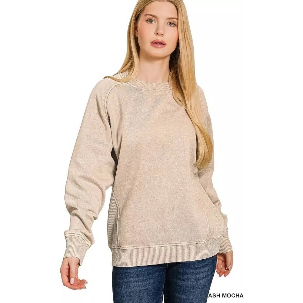Ash Mocha Womens Zenana Acid Wash Ribbed Panel Sweatshirt